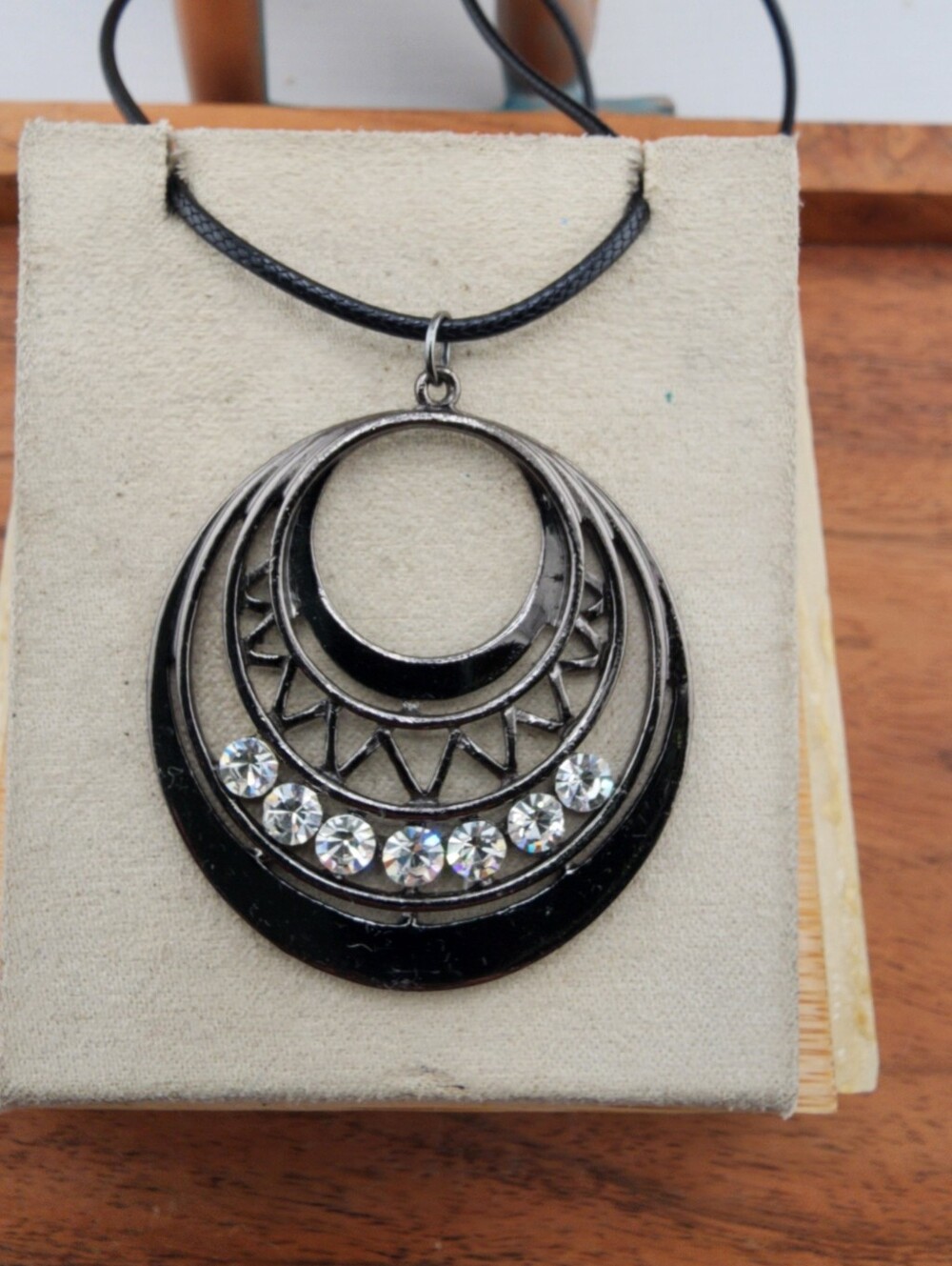 Black Layered Crescent Necklace with Clear Crystal Accents